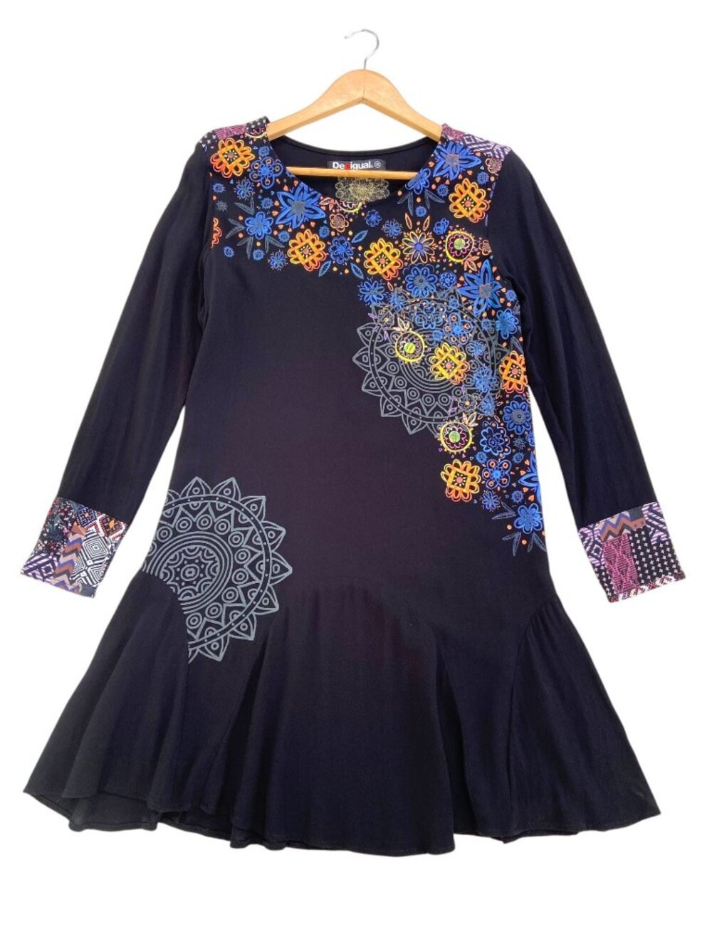 Desigual Black Floral Mandala Boho Flounce Hem Long Sleeve Dress Size 40 Colorfu